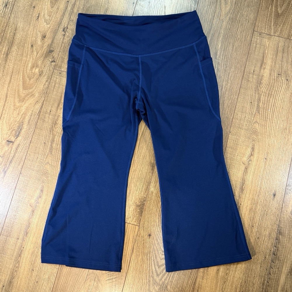 Baleaf Navy Blue Wide Leg Cropped Yoga Pants Womens Capri Leggings Sz Large L